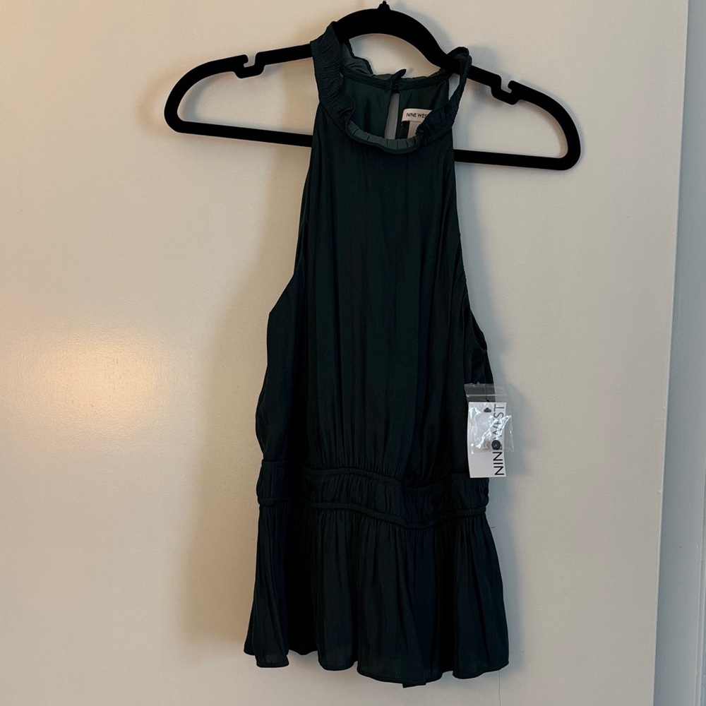 Nine West Dark Green Halter Ruffle Mini Dress